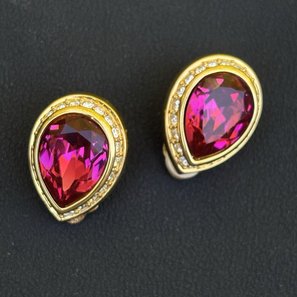 Swarovski Swa Gold Tone Pink Teardrop Earrings with Clear Crystal Border Clip-On